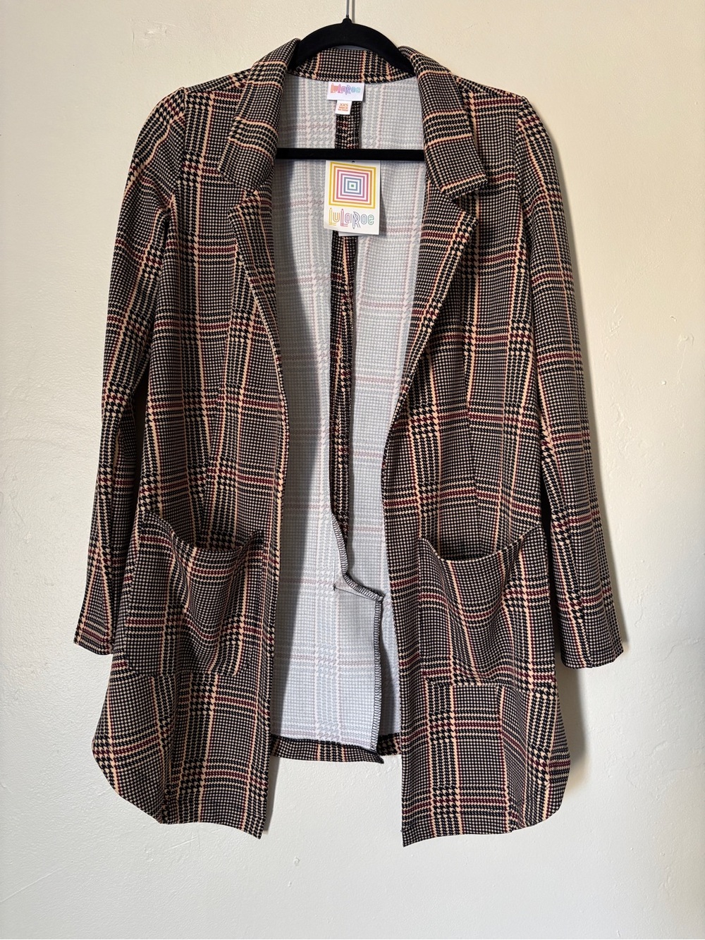 LuLaRoe Gwen Long Blazer Jacket Multicolor Print Open Front Size Large XXS